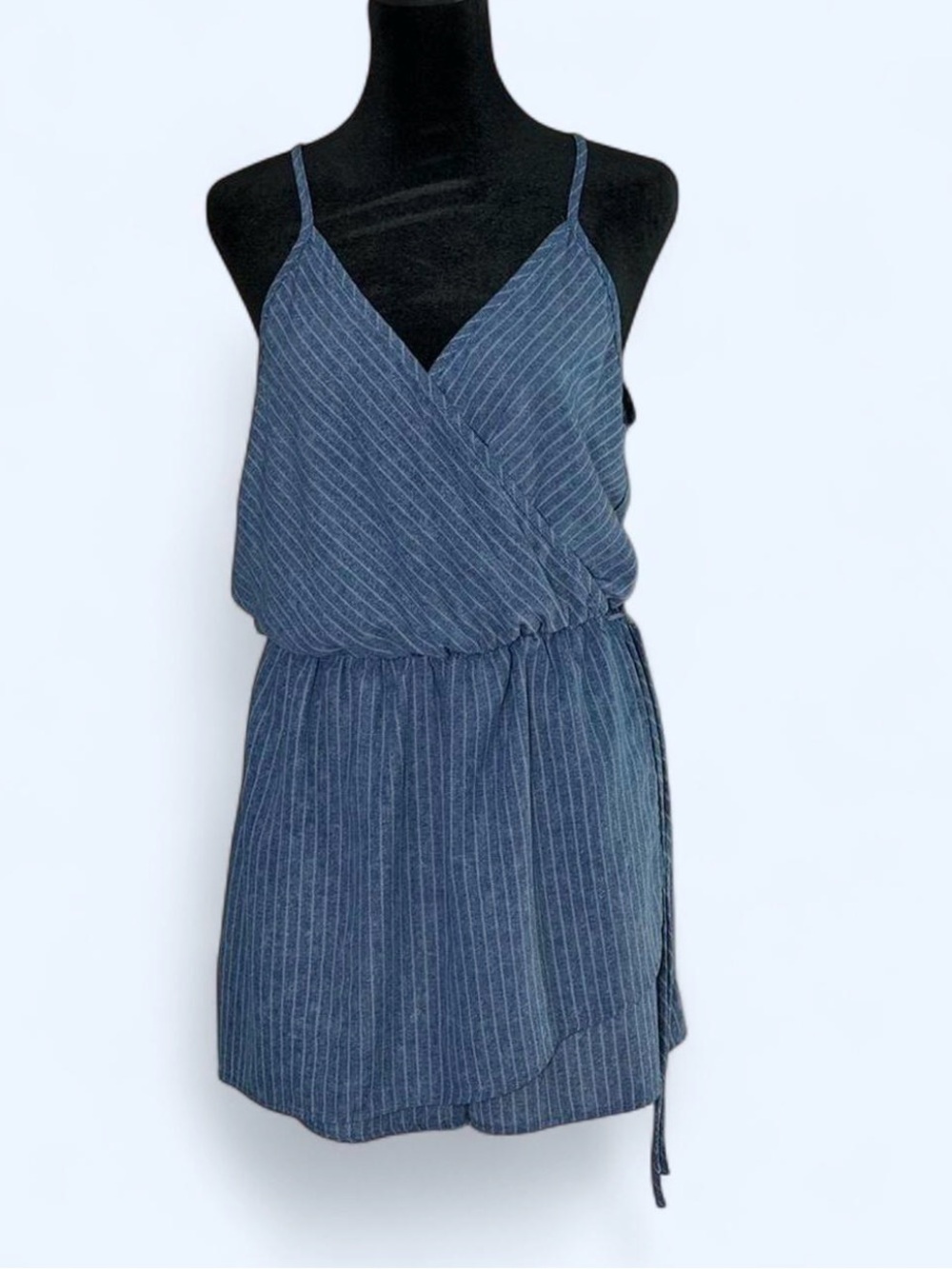 (818-16) 2Bella Blue Striped Faux Wrap Romper Large